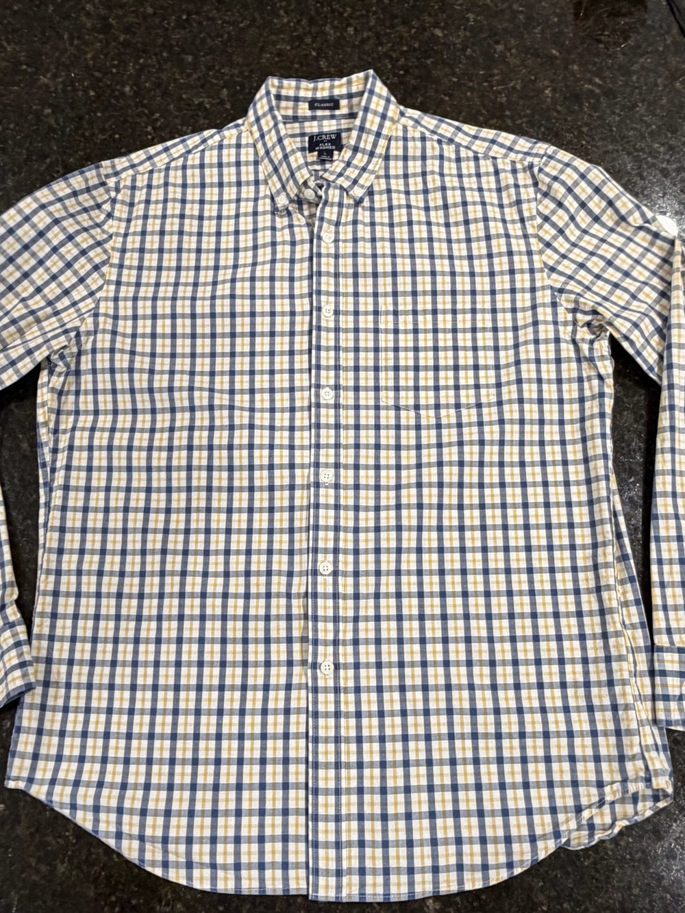 J. Crew Men's Blue and Yellow Plaid Button-Down Shirt - Classic Fit Large